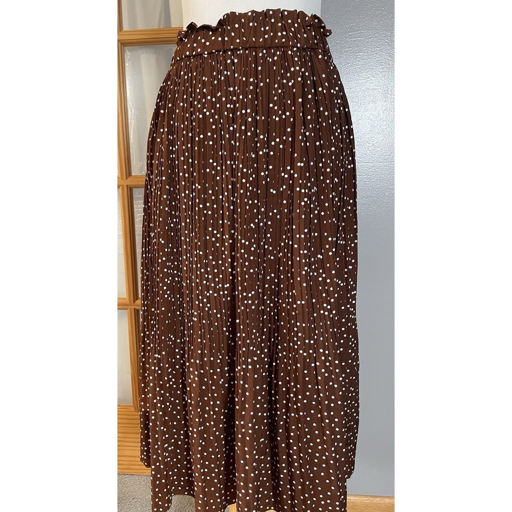 Exlura Pleated Polka Dots Midi Skirt Sz L Brown White Elastic Waist Boho Retro